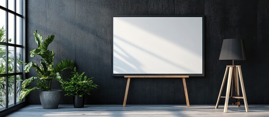 Poster - Modern minimalist interior with blank canvas on rustic black wall ideal for artwork display and copy space for promotional content