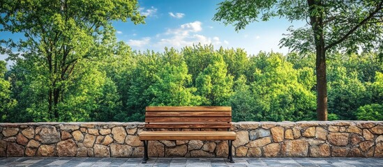 Aufkleber - Brick stone wall with bench in forest setting under blue sky and tree canopy ideal for relaxation and nature-themed designs