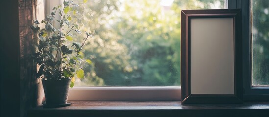 Poster - Black wooden frame mockup on windowsill with natural light and greenery providing empty space for text and decorative elements