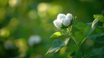 Poster - Cotton plant bloom on green blurred background with copy space for text placement