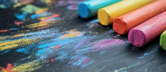 Aufkleber - Chalkboard with Colorful Chalk Sticks and Vibrant Marks Creating an Inspiring Space for Creative Ideas and Text Input