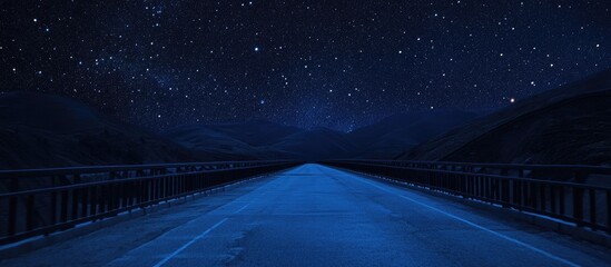 Poster - Nighttime bridge with starry sky showcasing blurred car motion and ample space for adding text or graphics.