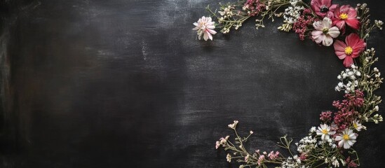 Poster - Boho floral wreath chalkboard background with ample copyspace for celebrations and text overlays