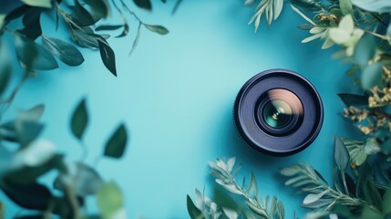 Poster - Serene blue backdrop with delicate foliage surrounding a camera lens, perfect for product photography highlighting nature's tranquility.