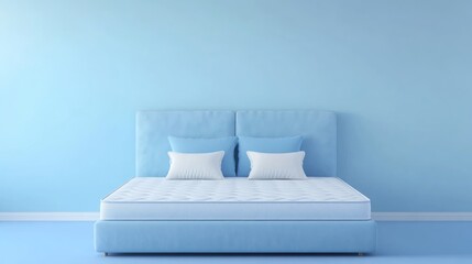 Poster - Modern minimalist bedroom interior with light blue walls and a simple bed featuring white bedding and pillows Copy Space