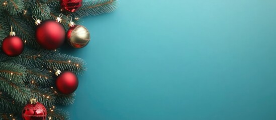 Poster - Blank Greeting Card on Christmas Tree Background with Red Ornaments and Space for Personalized Message or Seasonal Wishes