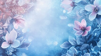 Poster - Frosted flowers with blue and purple tones in a soft focus background with copy space for text insertion