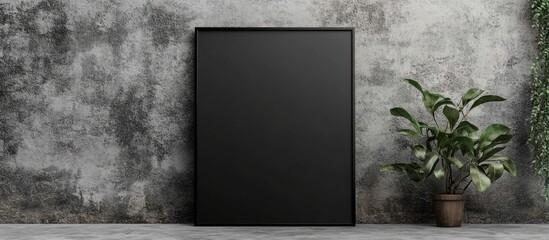 Aufkleber - Black poster mockup on textured grey wall with empty space for artwork or text featuring potted plant for enhanced interior design ambiance