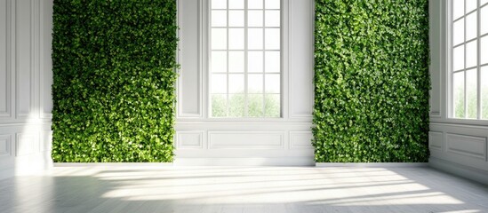 Aufkleber - Bright airy room with green boxwood walls offering ample copy space and natural light for creative design and advertising purposes