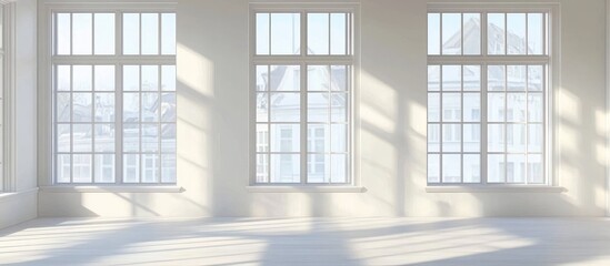 Aufkleber - Spacious modern office featuring large windows illuminating empty space for design and text placement in a bright atmosphere.