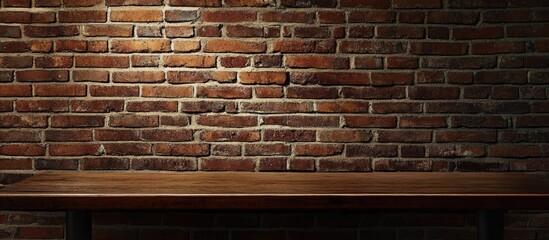 Aufkleber - Stylish brick wall workstation with wooden furniture and empty space for creative mockup text or design ideas in a modern interior setting