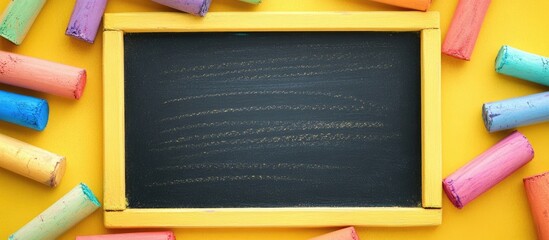 Poster - Chalkboard Frame Surrounded by Colorful Chalk on Vibrant Yellow Background with Space for Text and Creative Ideas