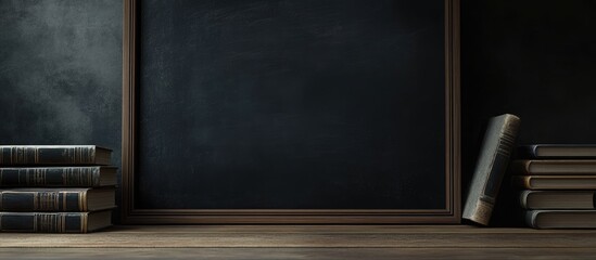Poster - Blackboard with chalk and stacked vintage books in a library setting creating ample copyspace for educational or promotional text