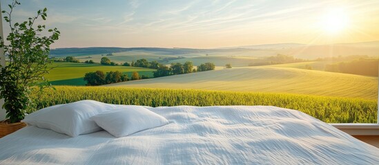 Aufkleber - Serene King Size Bedroom with Scenic Field View and Fresh Morning Light Ideal for Relaxation and Tranquility