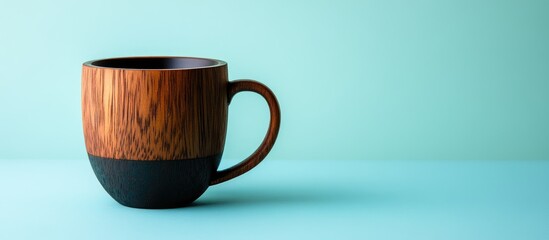 Aufkleber - Black Wooden Cup on Light Blue Background Empty Copyspace for Custom Text High Quality Stock Photo for Branding and Advertising