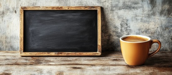 Poster - Chalkboard on Wooden Table with Coffee Mug and Blank Space for Creative Text or Messages in a Rustic Setting