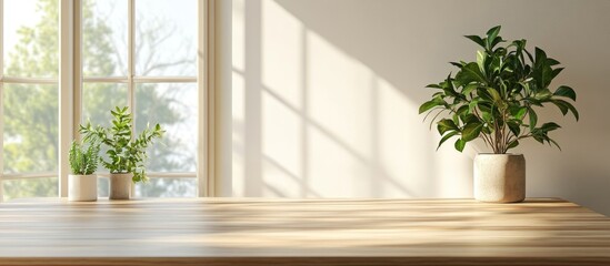 Aufkleber - Elegant dining room featuring a vintage window and potted plants with ample empty space for text and natural light accents.