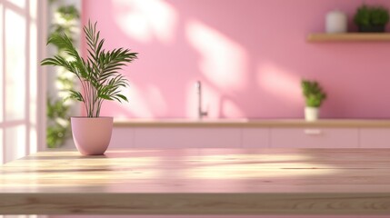 Aufkleber - Wood Table with Potted Plant Against Pink Wall and Blurred Kitchen Background Ideal for Summer Vibes with Empty Space for Text