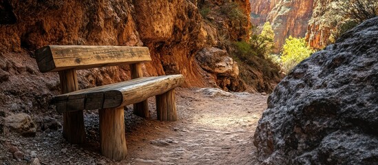 Aufkleber - Bright Angel Trail Scenic View with Wooden Bench for Resting Surrounded by Nature and Ideal Copy Space for Outdoor Adventure Text