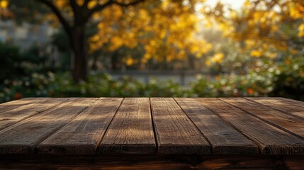 Poster - Wooden table surface with autumn foliage background and soft natural light, suitable for product display with Copy Space.