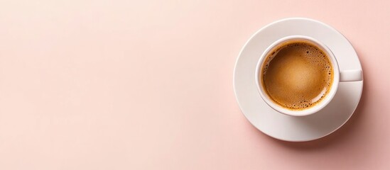 Poster - Brewed Espresso Coffee in White Cup on Pink Background with Empty Space for Text and Branding Opportunities