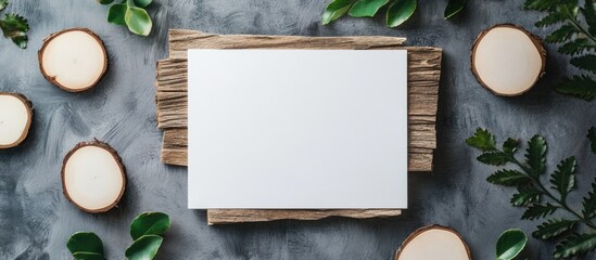 Aufkleber - Blank Paper Mockup Surrounded by Colorful Wood Stamped Branches and Natural Elements Ideal for Customizable Text Layouts
