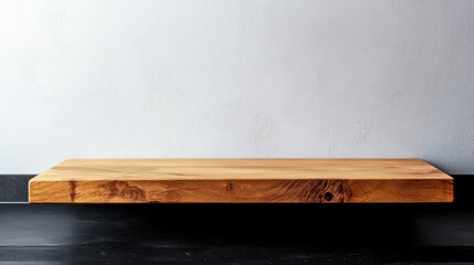 Poster - Wooden display shelf with a smooth surface and natural grain against a plain wall background Copy Space