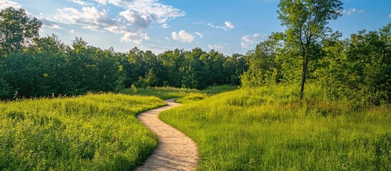 Aufkleber - Scenic Aerial View of Serene Bridle Path Through Lush Green Forest in Nature Park with Clear Blue Sky and Copy Space for Text