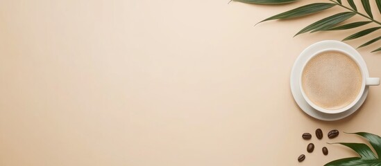 Poster - Coffee cup arrangement with coffee beans and green leaves on a beige background creating an inviting space for text or branding.