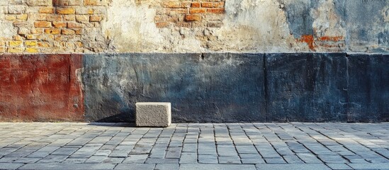Aufkleber - Street view of textured bricks with stamped mortar against a weathered wall providing ample empty space for text or graphics.