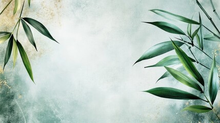 Poster - Bamboo leaves on textured background with soft colors and Copy Space for text placement