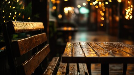 Poster - Wooden table with raindrops in a softly lit outdoor setting adorned with fairy lights at night Copy Space