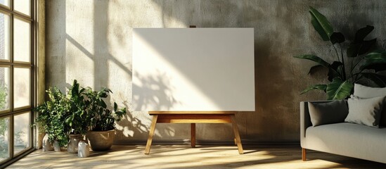 Poster - Bright Room with Wooden Easel and Blank Canvas Providing Ample Copyspace for Text and Creative Design Ideas