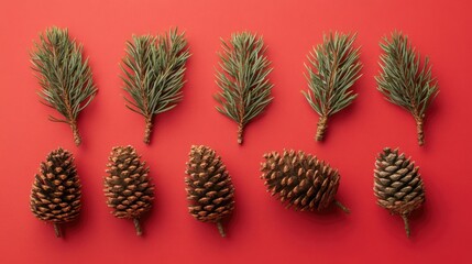 Poster - Pinecones and pine boughs arranged on vibrant red background with copy space for text placement