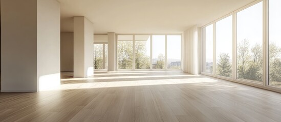 Aufkleber - Modern spacious living room with large windows showcasing natural light and minimalist design ideal for interior decoration concepts