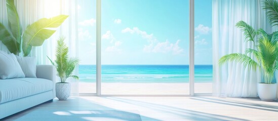 Poster - Bright airy living room with beach view soft sunlight and plants creating a serene ambiance ideal for relaxation and inspiration