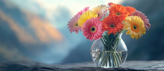 Poster - Multicolored gerbera flowers in a clear glass vase with an empty background space for creative text or design elements