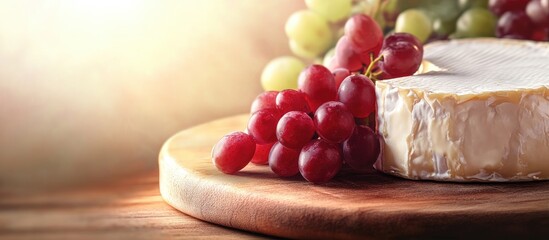 Aufkleber - Brie cheese and grapes arranged on a wooden cutting board with soft light and ample copy space for creative text or branding options
