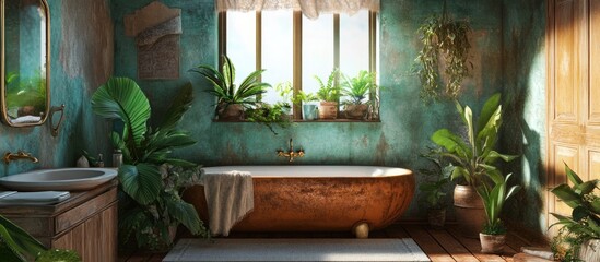 Poster - Bohemian Style Bathroom Decorated with Lush Green Plants Featuring Natural Light and Ample Copyspace for Creative Text