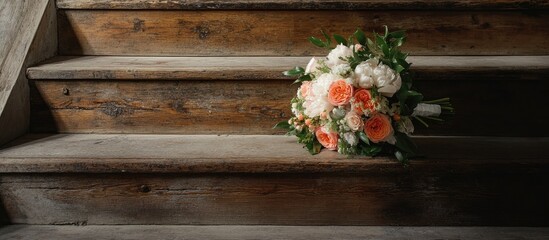 Aufkleber - Bridal Bouquet Elegantly Positioned on Rustic Wooden Stairs with Ample Copy Space for Custom Text and Floral Detail Enhancement