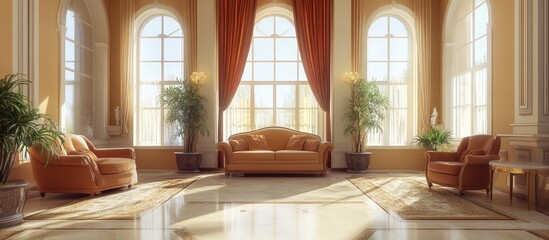 Poster - Cozy and inviting living room with large windows natural light and stylish seating ideal for text overlays and interior design concepts