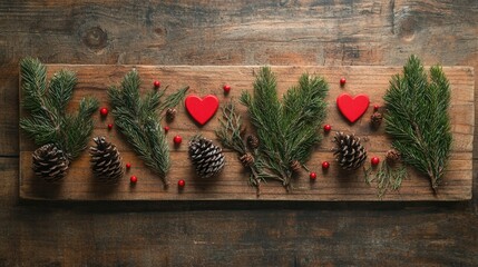Poster - Christmas arrangement with pine branches, pine cones, red hearts, and berries on wooden background with Copy Space