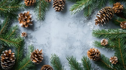 Poster - Pine cones and evergreen branches on textured background with Copy Space for holiday or winter themed designs
