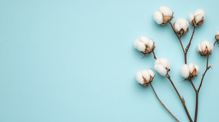 Poster - Cotton branch with fluffy cotton bolls on a light blue background with copy space for text or design elements