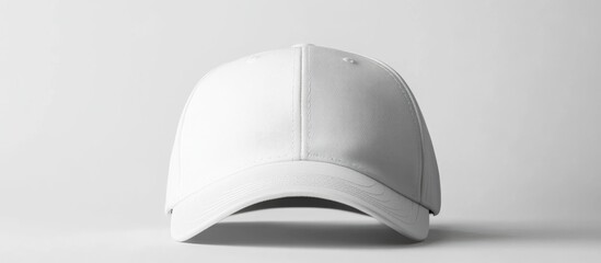 Poster - White Baseball Cap Mockup Front View with Blank Embroidery Space for Custom Text Design in Minimalist Studio Setting