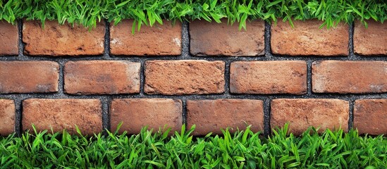Poster - Brick pathway with vibrant green grass sprouting between bricks ideal for nature themed designs and text placement in advertising