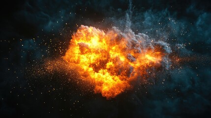 Poster - Abstract explosion of orange fire in a dark smoky background with sparkles and dramatic lighting. Copy Space available.