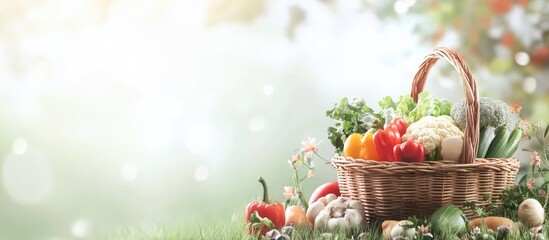 Canvas Print - Assorted fresh vegetables in a woven basket outdoors with vibrant greenery and soft bokeh background ideal for product advertisement or gardening.