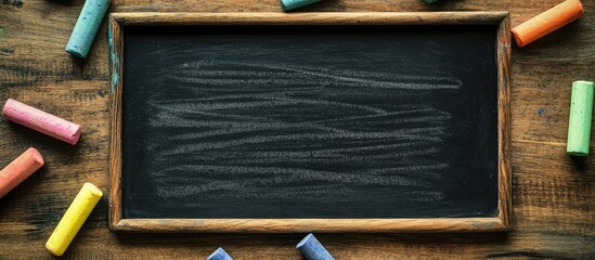 Poster - Blackboard on wooden table surrounded by colorful chalks featuring ample empty space for text or creative design elements