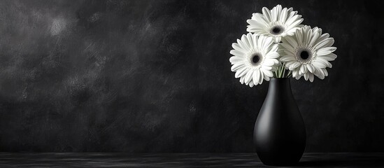 Aufkleber - Elegant Black Vase Filled with White Gerbera Flowers Against Dark Background Ideal for Text Placement and Design Projects